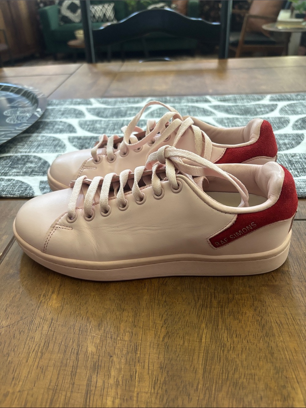Raf Simons Orion Women's Pale Pink Leather Low-Top Sneakers with Red Heel Tab
